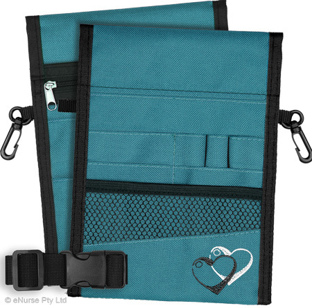 13 Pocket Nurse Pouch (Double Sided) - Teal (Hearts B&W)