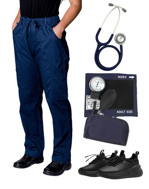 Bundle 18 - Sphygmo (Traditional), Dual Head Stethoscope, 9-Pocket Pant and Clove SuperCush Forte All Black | Combo