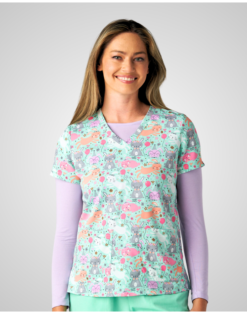 Koi - Women's Print Scrub Top - Bunny Celebration 