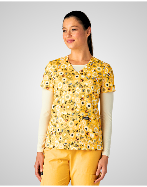 Koi - Women's Print Scrub Top - Honey Bees