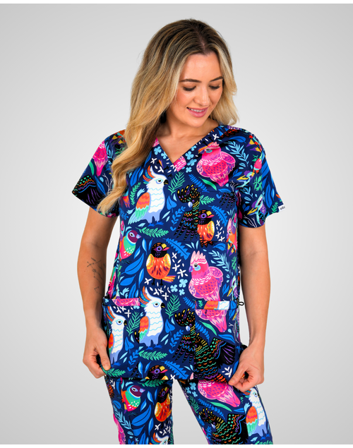 elitecare Classic Unisex Scrub Top Aussie Birds 